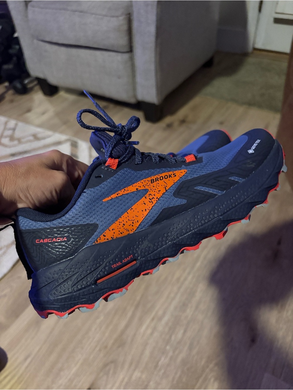 Navy Gray Athletic Shoes with Orange Accents